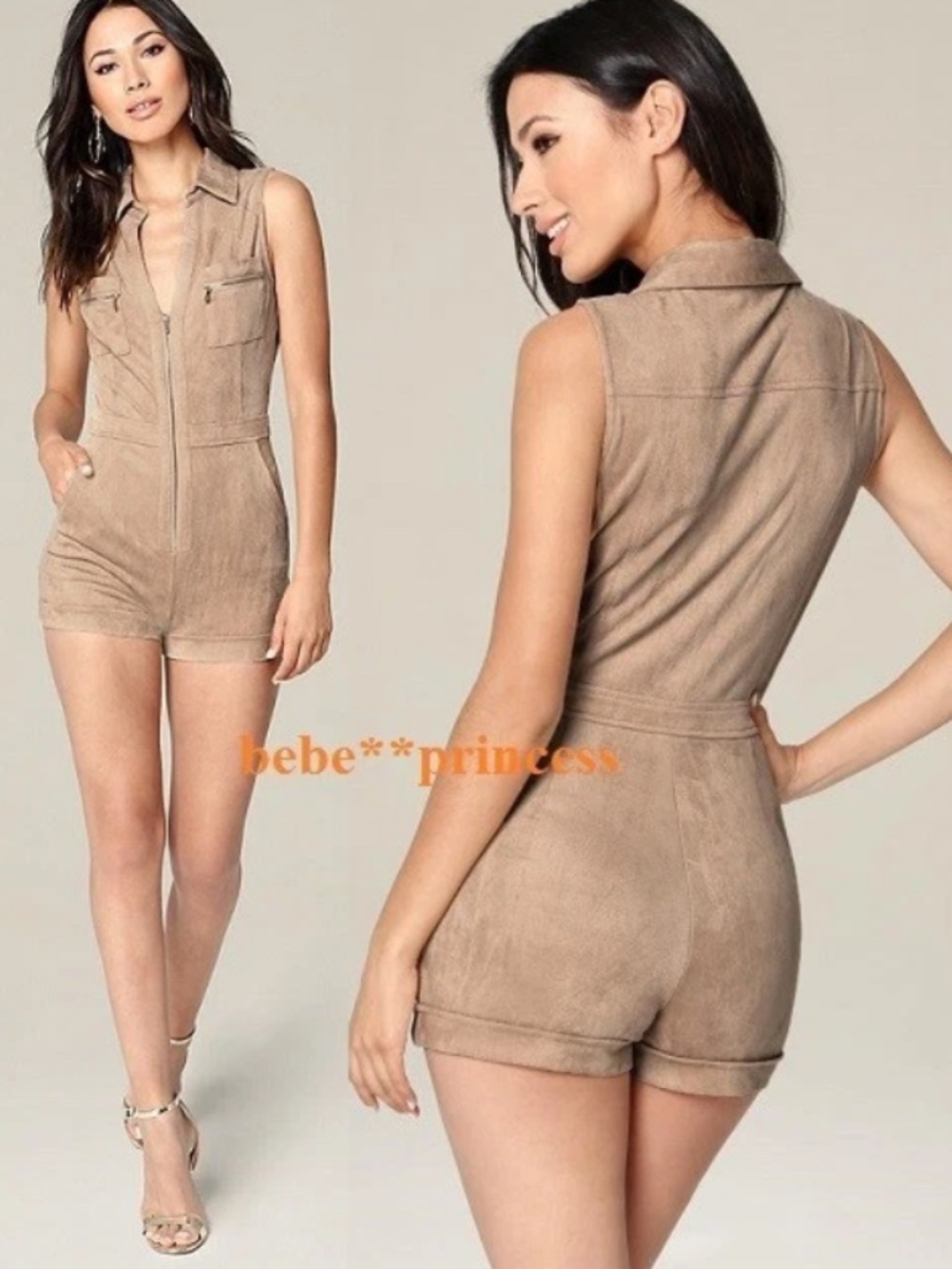 NWT bebe brown tan velvet zipper front sexy top romper xs